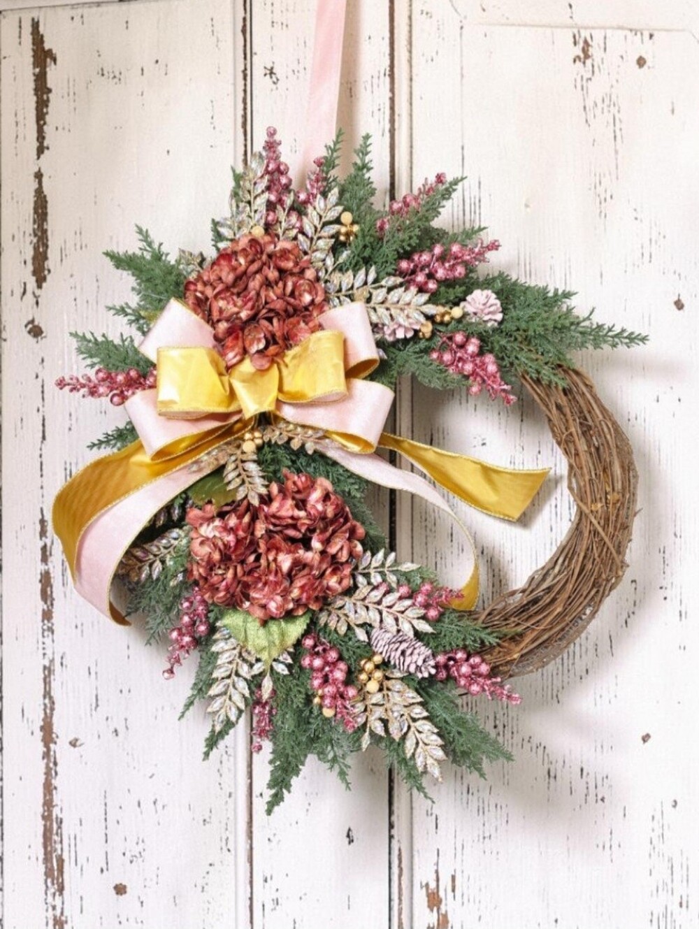 Holiday Pink & Gold Floral Grapevine Wreath